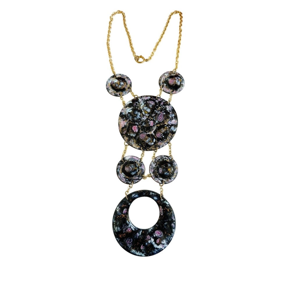 Italy necklace VTG Enamel Copper Foil Large‎ Statement Pink Black Collar Runway